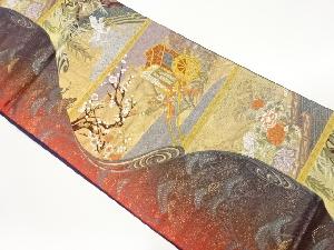 流水に松・梅・柳・花々模様織出し袋帯